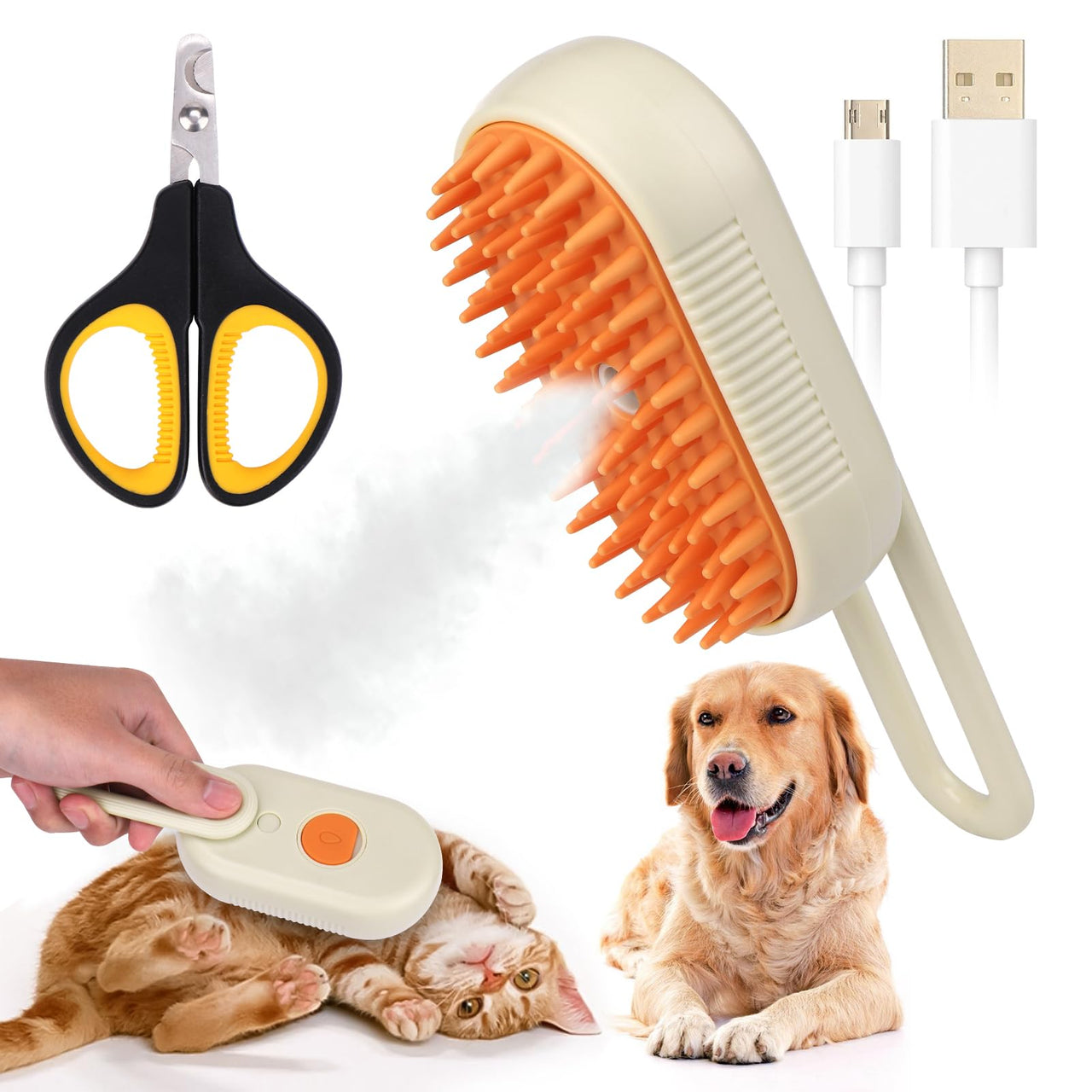 Juome Multifunctional Cat Grooming Tool - 3-in-1 Steam Brush for Shedding and Massage Pet Hair Removal Comb with Handle Cat Nail Clipper
